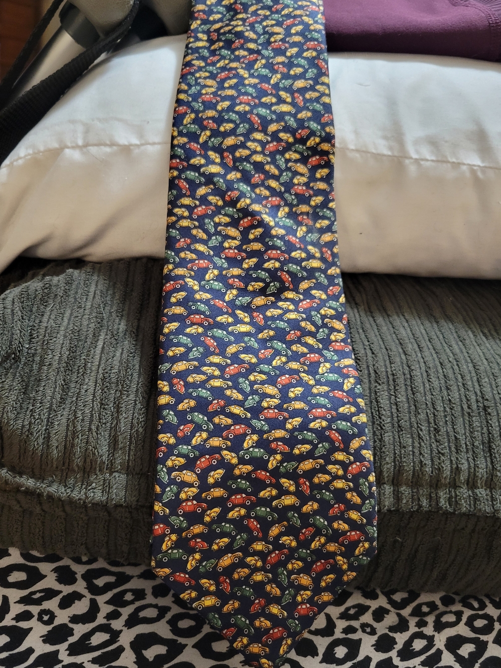 Men's Novelty Car Print Tie - Navy with Red, Yellow, Green Cars